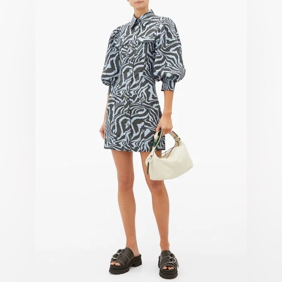 Ganni Zebra Print Cotton Shirt Dress Puff Sleeve Mini Blue Gray Designer EU34 XS - Picture 3 of 16